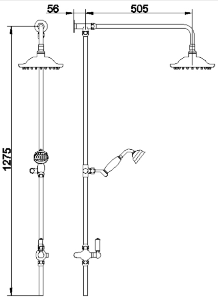 Technical image of Nuie Traditional Dual Thermostatic Shower Valve & Grand Rigid Riser.