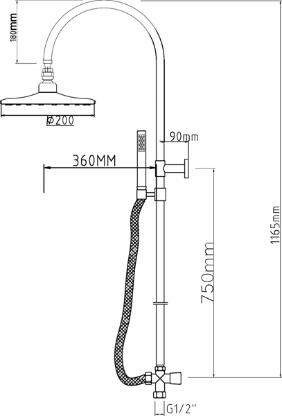 Technical image of Ultra Spirit Dual Exposed Thermostatic Shower Valve & Zephyr Shower Kit.