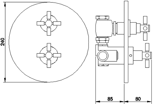 Technical image of Hudson Reed Tec Twin Thermostatic Shower Valve & 7" Fixed Shower Head.