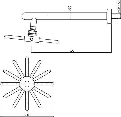 Technical image of Component Cloudburst fixed shower head and arm