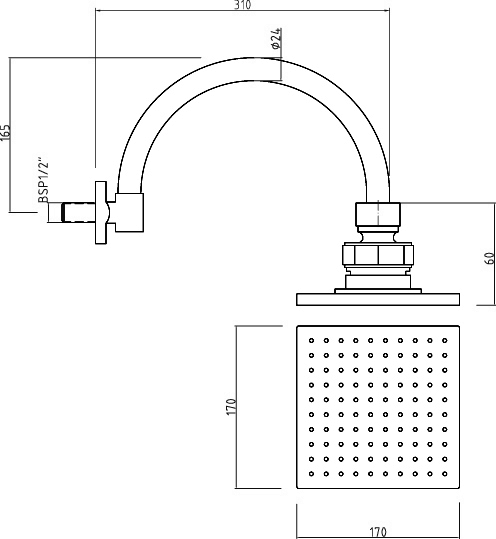 Technical image of Component Curved Sheer Fixed Shower Head And Arm.