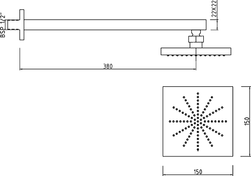 Technical image of Component Minimalist Square Fixed Shower Head And Arm 150mm x 150mm.