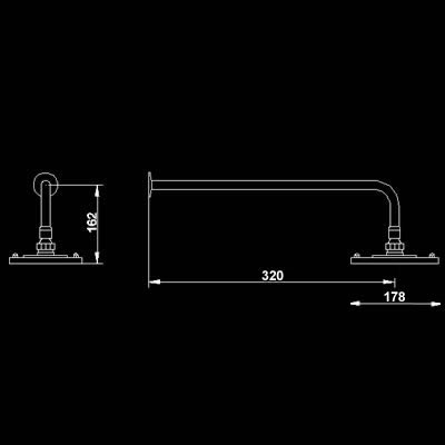 Technical image of Component Ultra thin square fixed shower head and arm. 200mm.