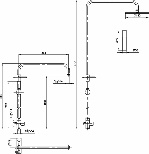 Technical image of Hudson Reed Showers Pro I Rigid Riser Kit With Diverter (Chrome).