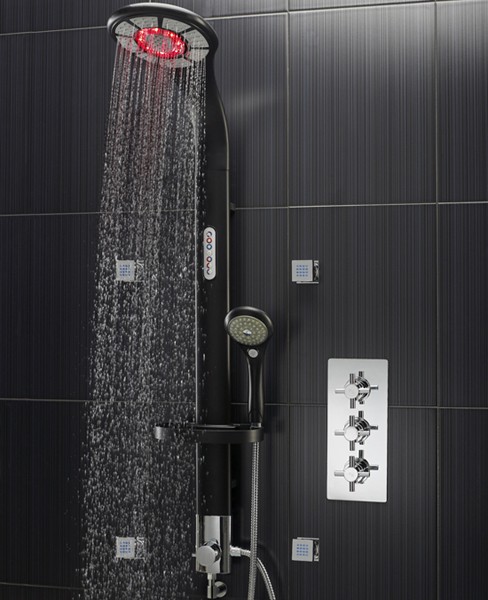 Example image of Hudson Reed Soothe Modern Rigid Riser Shower Kit, LED Lights (Black).