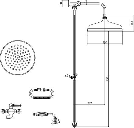 Technical image of Ultra Showers Traditional Sequential Thermostatic Shower Valve & Riser Kit.