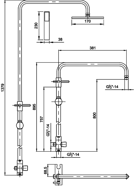 Technical image of Hudson Reed Bar Shower Thermostatic Bar Shower Valve, Adjustable Riser Set.