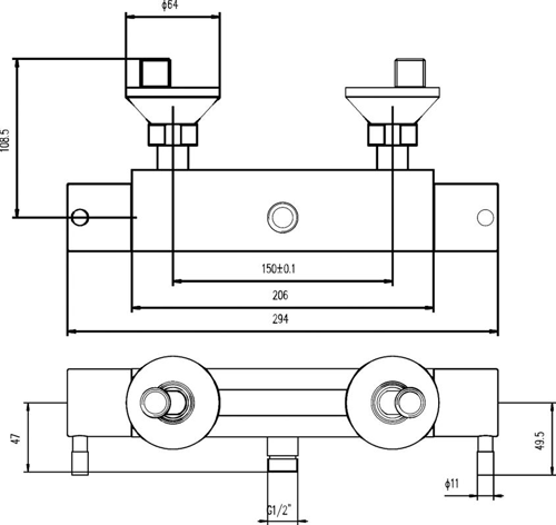 Technical image of Ultra Showers TMV2 Thermostatic Bar Shower Valve (Bottom Outlet).