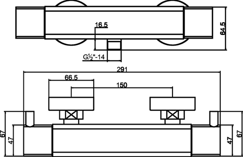 Technical image of Hudson Reed Bar Shower Quadro Thermostatic Bar Valve (Bottom Outlet).