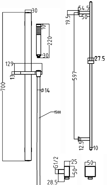 Technical image of Hudson Reed Bar Shower Thermostatic Bar Shower Valve & Sheer Slide Rail Set.