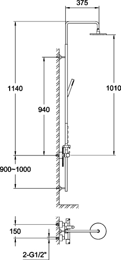 Technical image of Hudson Reed Bar Shower Indulge Vertical Shower Set With 4 Jets. Thermostatic.