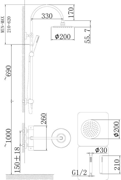 Technical image of Hudson Reed Bar Showers Thermostatic Bar Valve & Rigid Riser Kit.