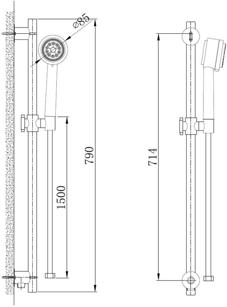 Technical image of Ultra Showers Round Slide Rail Kit With Handset & Built In Outlet (Chrome).