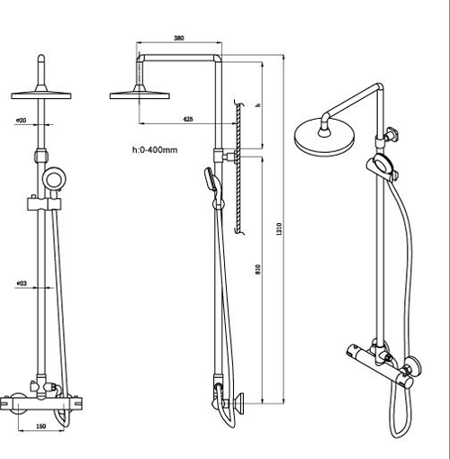 Technical image of Ultra Showers Minimalist Thermostatic Bar Shower Valve & Telescopic Kit.