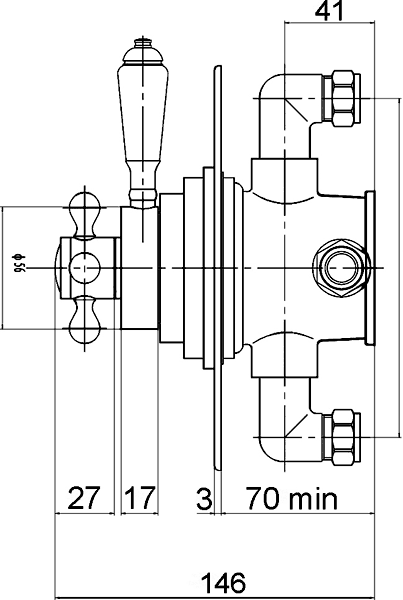 Technical image of Ultra Showers Traditional Thermostatic Dual Shower Valve With Rigid Riser Kit.