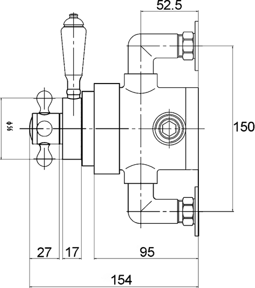 Technical image of Nuie Beaumont Traditional Dual Exposed Thermostatic Shower Valve.