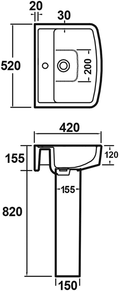 Technical image of Premier Ambrose Bathroom Suite With Toilet, 520mm Basin & Pedestal.