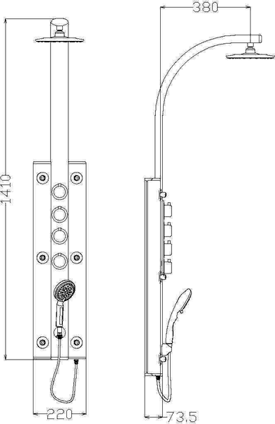 Technical image of Ultra Showers Panel 2 Thermostatic Shower Panel.
