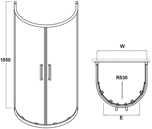 Technical image of Nuie Enclosures D Shaped Shower Enclosure & Tray (1050x925mm).