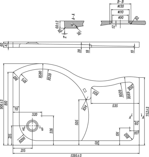 Technical image of Nuie Enclosures Walk In Shower Enclosure & Tray (Right Handed, 1395x906).