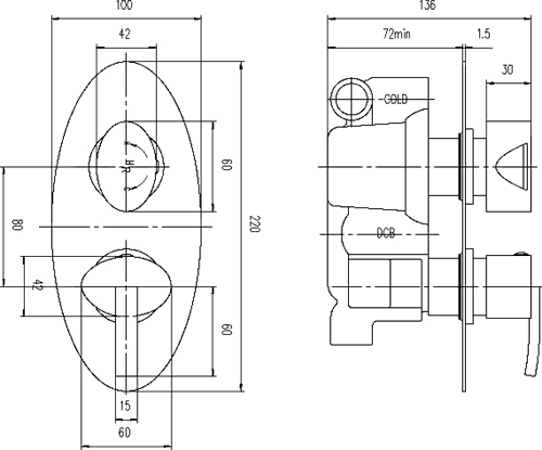 Technical image of Hudson Reed Arina Twin Concealed Thermostatic Shower Valve With Diverter.