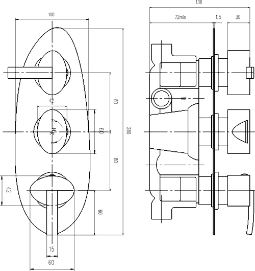 Technical image of Hudson Reed Arina Triple Concealed Thermostatic Shower Valve, Head & Jets.