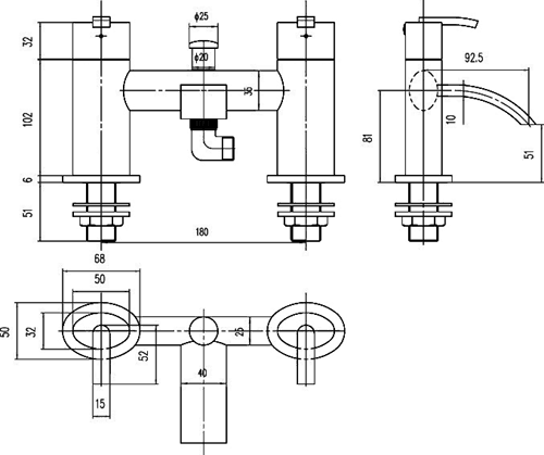 Technical image of Hudson Reed Arina Basin Taps & Bath Shower Mixer Tap Set (Free Shower Kit).