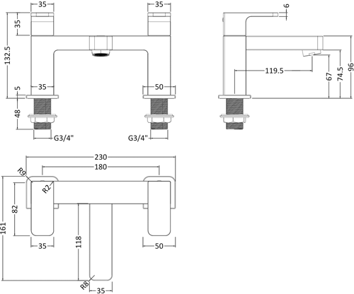 Technical image of HR Astra Bath Filler Tap With Lever Handles (Chrome).