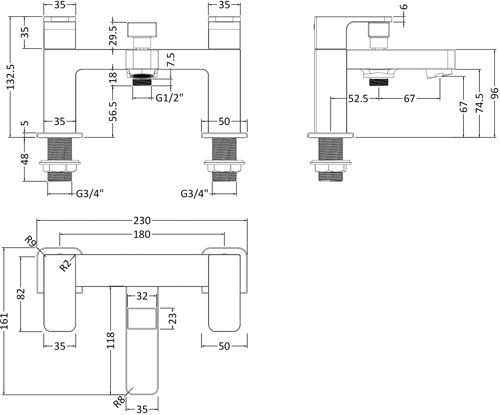 Technical image of HR Astra Bath Shower Mixer Tap With Lever Handles (Chrome).