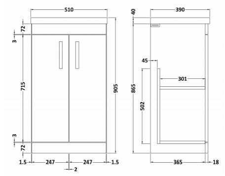 Technical image of Nuie Furniture Vanity Unit With 2 x Doors & Basin 500mm (Natural Oak).