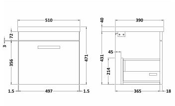 Technical image of Nuie Furniture Wall Vanity Unit With 1 x Drawer & Basin 500mm (Driftwood).