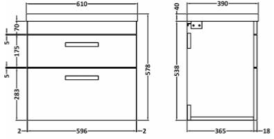 Technical image of Nuie Furniture Wall Vanity Unit With 2 x Drawer & Basin 500mm (Grey Avola).