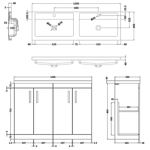 Technical image of Nuie Furniture Vanity Unit With 4 x Doors & Double Basin (Natural Oak).