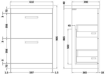 Technical image of Nuie Furniture Vanity Unit With 2 x Drawers & Basin 600mm (Driftwood).