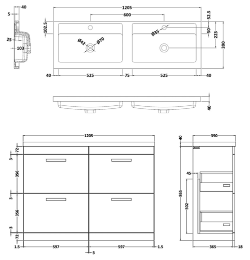 Technical image of Nuie Furniture Vanity Unit With 4 x Drawers & Double Basin (Driftwood).