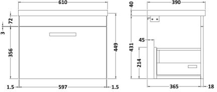 Technical image of Nuie Furniture Wall Vanity Unit With 1 x Drawer & Basin 600mm (Stone Grey).