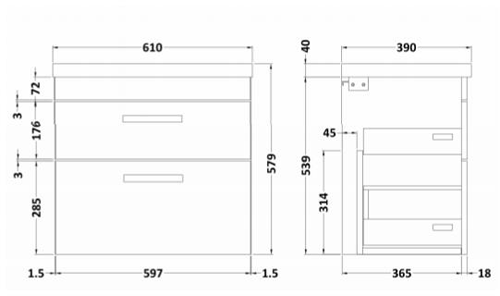 Technical image of Nuie Furniture Wall Vanity Unit With 2 x Drawer & Basin 600mm (Driftwood).