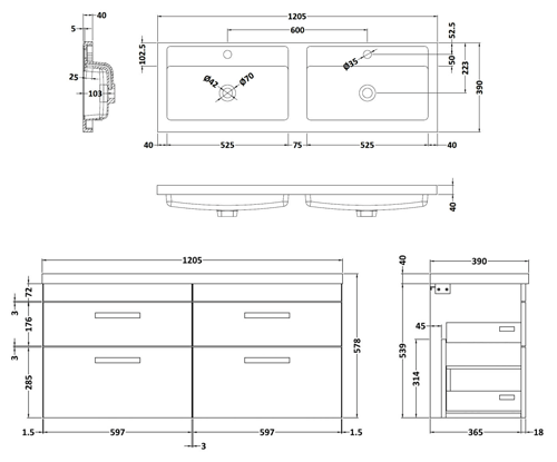 Technical image of Nuie Furniture Wall Vanity Unit With 4 x Drawers & Double Basin (Grey Avola).