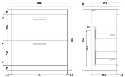 Technical image of Nuie Furniture Vanity Unit With 2 x Drawers & Basin 800mm (Natural Oak).