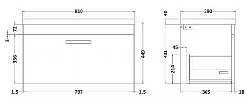 Technical image of Nuie Furniture Wall Vanity Unit With 1 x Drawer & Basin 800mm (Driftwood).