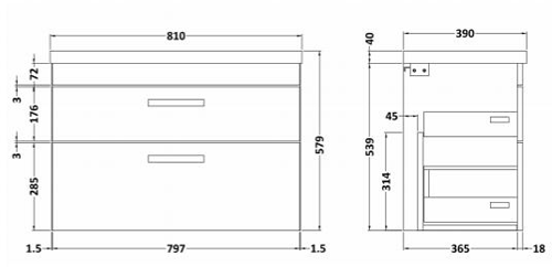 Technical image of Nuie Furniture Wall Vanity Unit With 2 x Drawer & Basin 800mm (Grey Avola).