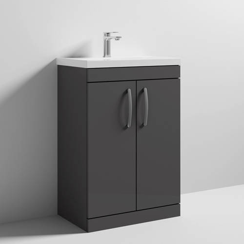 Nuie Grey Furniture Vanity Unit With 2 X Doors & Basin 600Mm (Gloss ).