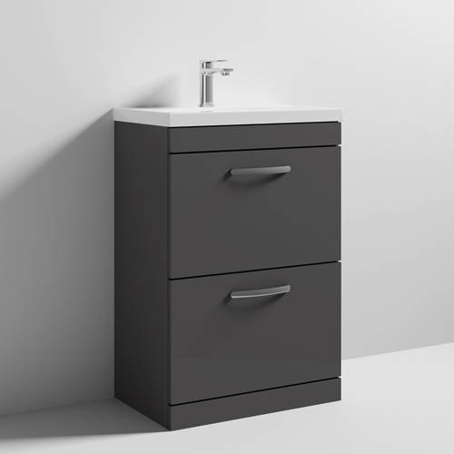 Nuie Grey Furniture Vanity Unit With 2 X Drawers & Basin 600Mm (Gloss ).