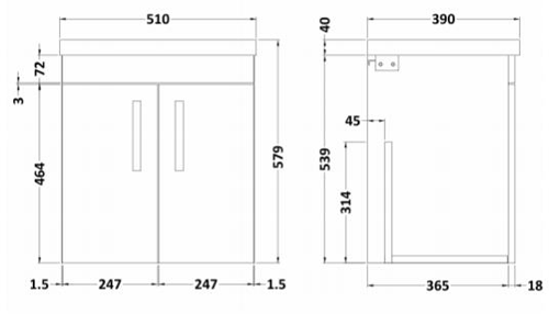 Technical image of Nuie Furniture Wall Vanity Unit With 2 x Doors & Basin 500mm (Driftwood).