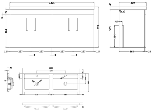 Technical image of Nuie Furniture Wall Vanity Unit With 4 x Doors & Double Basin (Driftwood).