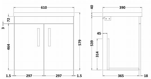 Technical image of Nuie Furniture Wall Vanity Unit With 2 x Doors & Basin 600mm (Natural Oak).