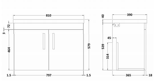 Technical image of Nuie Furniture Wall Vanity Unit With 2 x Doors & Basin 800mm (Stone Grey).