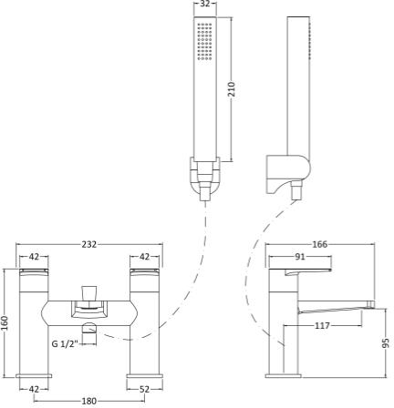 Technical image of Nuie Bailey Bath Shower Mixer Tap With Kit (Chrome).