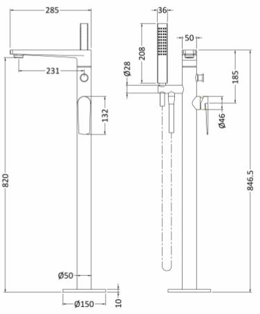 Technical image of Nuie Bailey Floor Standing Bath Shower Mixer Tap With Kit (Chrome).