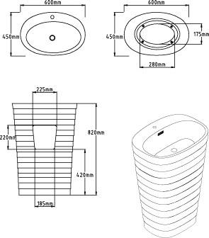 Technical image of Hudson Reed Ceramics Hive Basin (1 Tap Hole, 600mm).